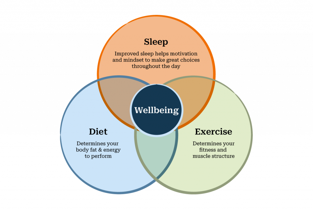 Venn diagram showing the pillars of wellness; Sleep, Diet and Exercise.